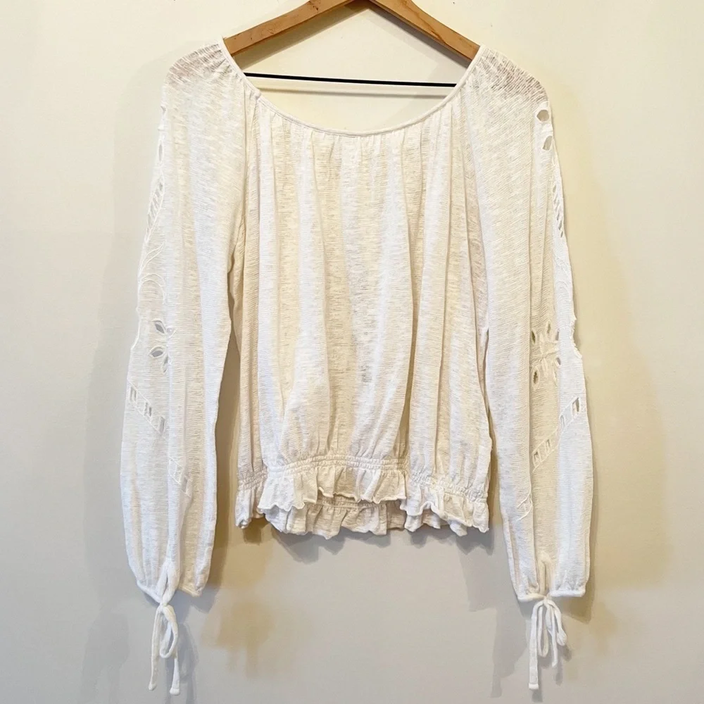 Free People Long Sleeve Ivory Cut Out And Embroidered Top Size Medium